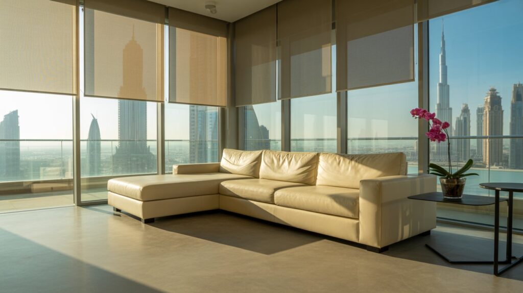Modern roller blinds in Dubai apartment with Burj Khalifa view
